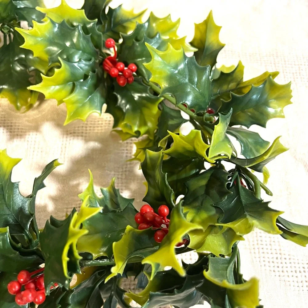 Vintage Christmas garland plastic green red holly decor retro craft